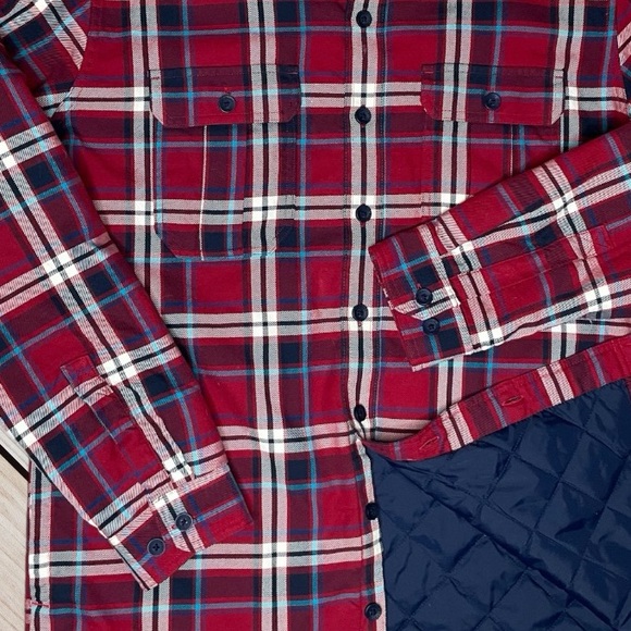 LL Bean Slightly Fitted Red Blue Plaid Quilted Lined Shirt Jacket Cabin Core - Picture 6 of 6